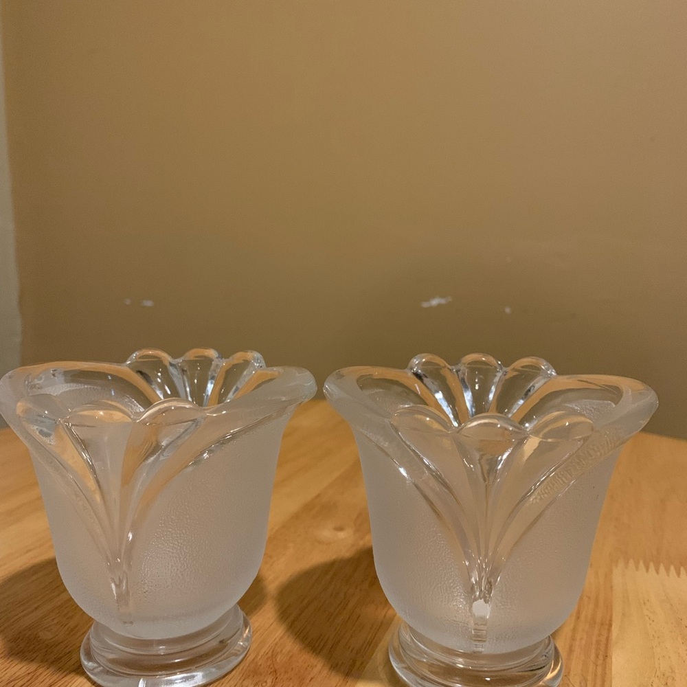 Two KIG Indonesia Frosted Glass Candle Holders